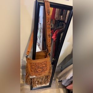 Tooled leather, Cowhide purse w fringe